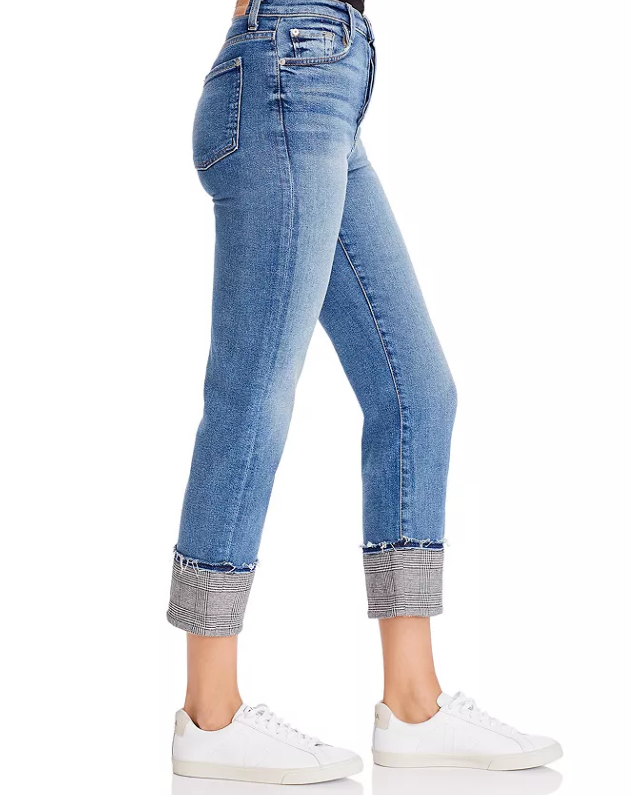 7 For All Mankind Cuffed Plaid-Trim Jeans Blue Womens Size 26 MSRP $225