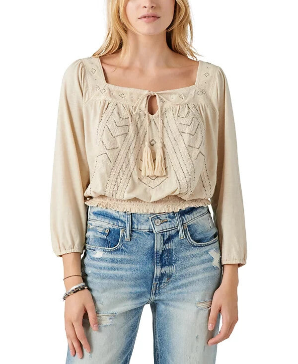 Lucky Brand Women's Beaded Embroidered Peasant Top Beige Size XL MSRP $90
