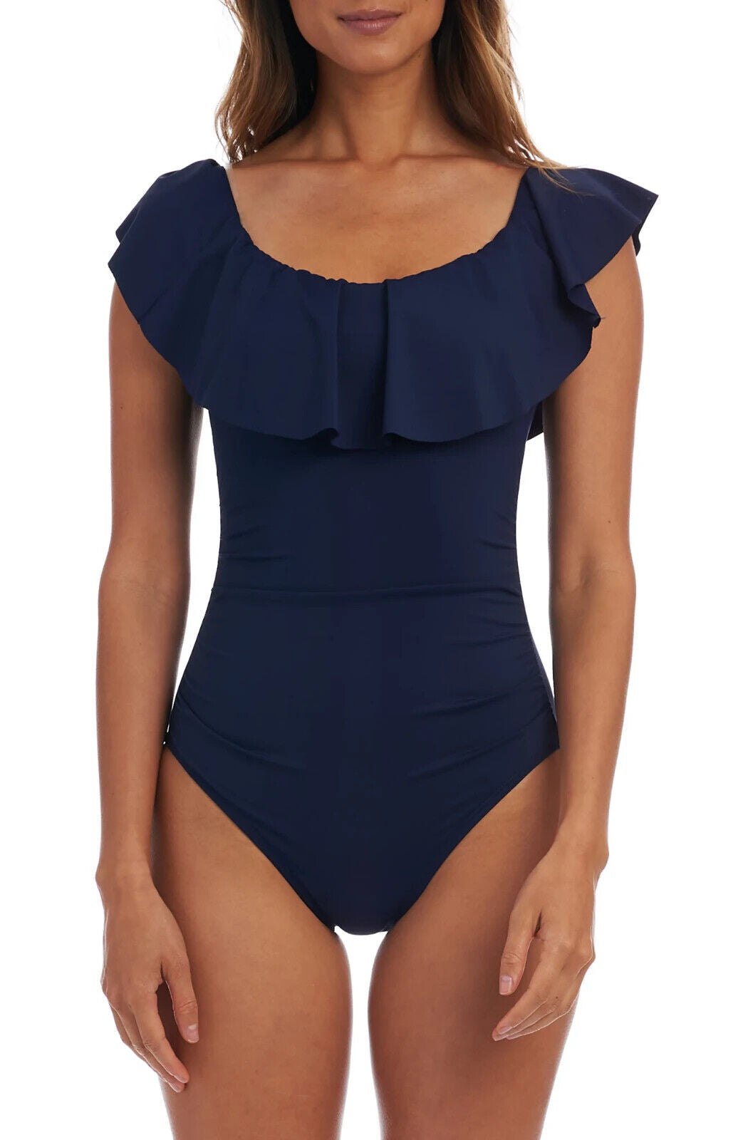 LA BLANCA Island Goddess Off-Shoulder Tummy-Control Swimsuit Blue Size 16 $130