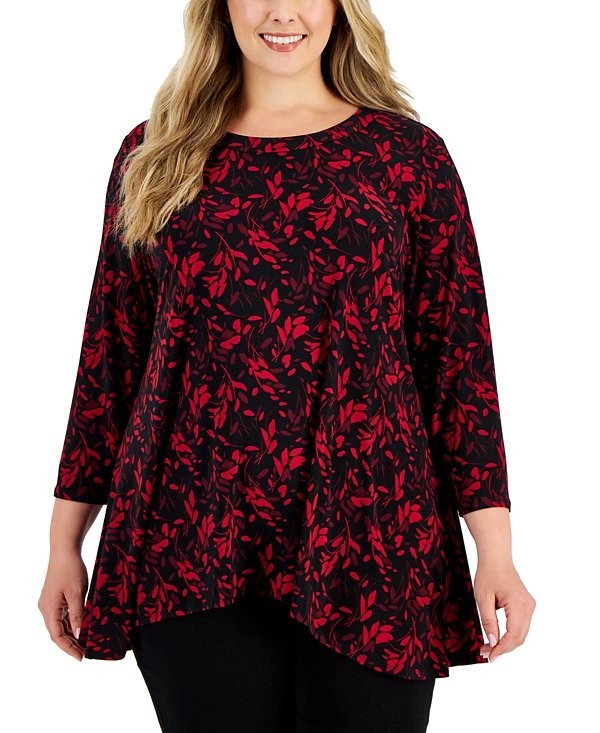 Anne Klein Plus Size 0X Printed Handkerchief-Hem Top Red $79
