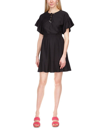Michael Kors Lace-Up Ruffled Mini Dress Black Size XS MSRP $140