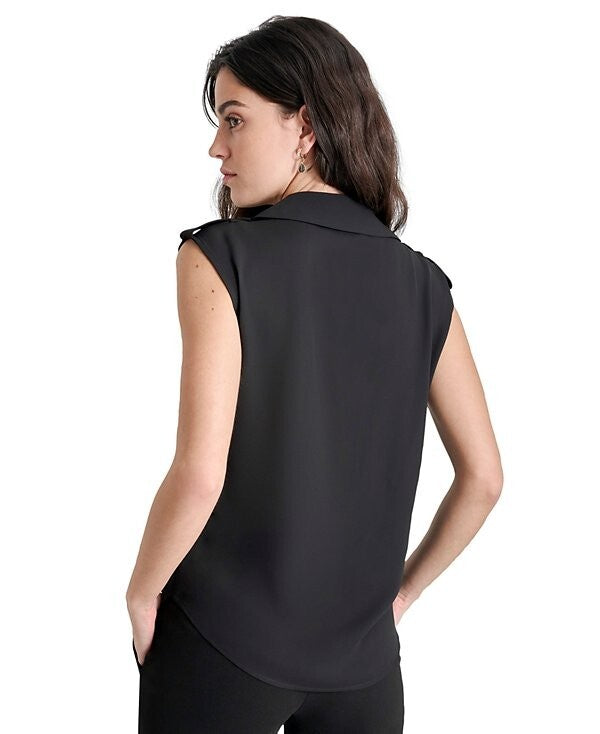 DKNY Women's Extended-Shoulder Camp Blouse BLACK Size M MSRP $59