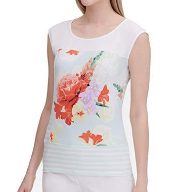 Calvin Klein Women's Extended Shoulder Top Mixed Print, Blue Multi, Size XL