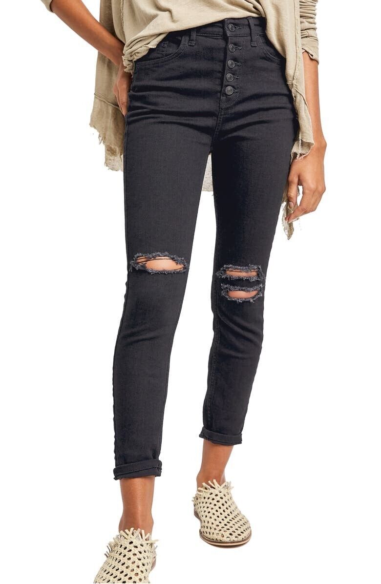 Free People Sabrina Button Front High Waist Skinny Jeans Black Size 24 MSRP $78