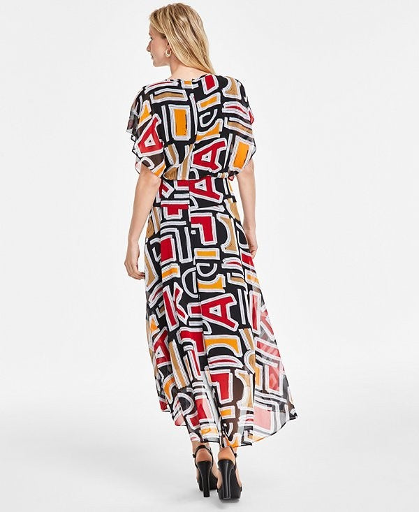 Karl Lagerfeld Paris Black Printed High/Low Flutter Sleeve Dress SZ 14 SALE $158