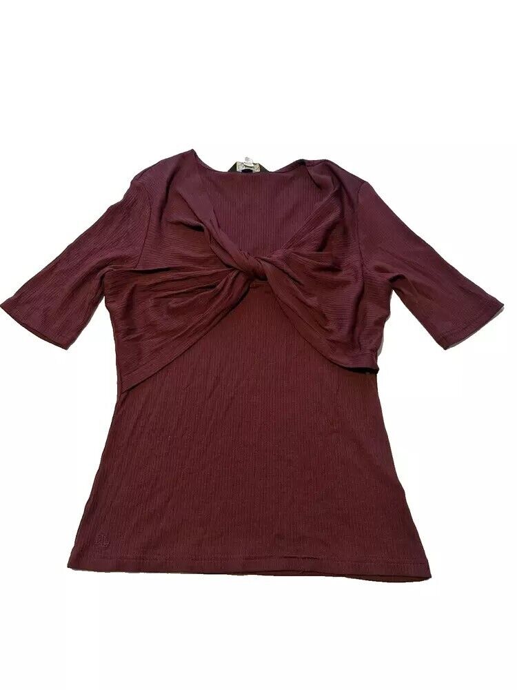 LAUREN RALPH LAUREN Twist-Front Rib-Knit Cotton-Blend T-Shirt Red Size XXL $90