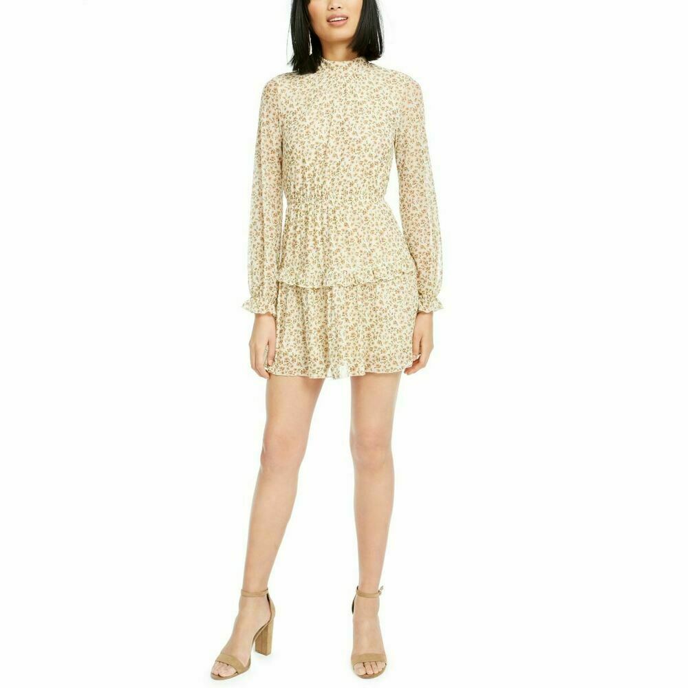 Sadie & Sage Printed Ruffled Mesh Mock-Neck Dress Womens Beige Size L MSRP $79