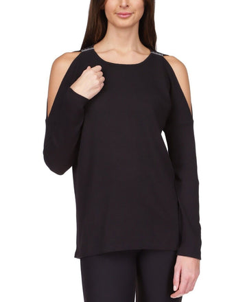 MICHAEL MICHAEL KORS Cold-Shoulder Waffle-Knit Top Black Size XXS MSRP $88