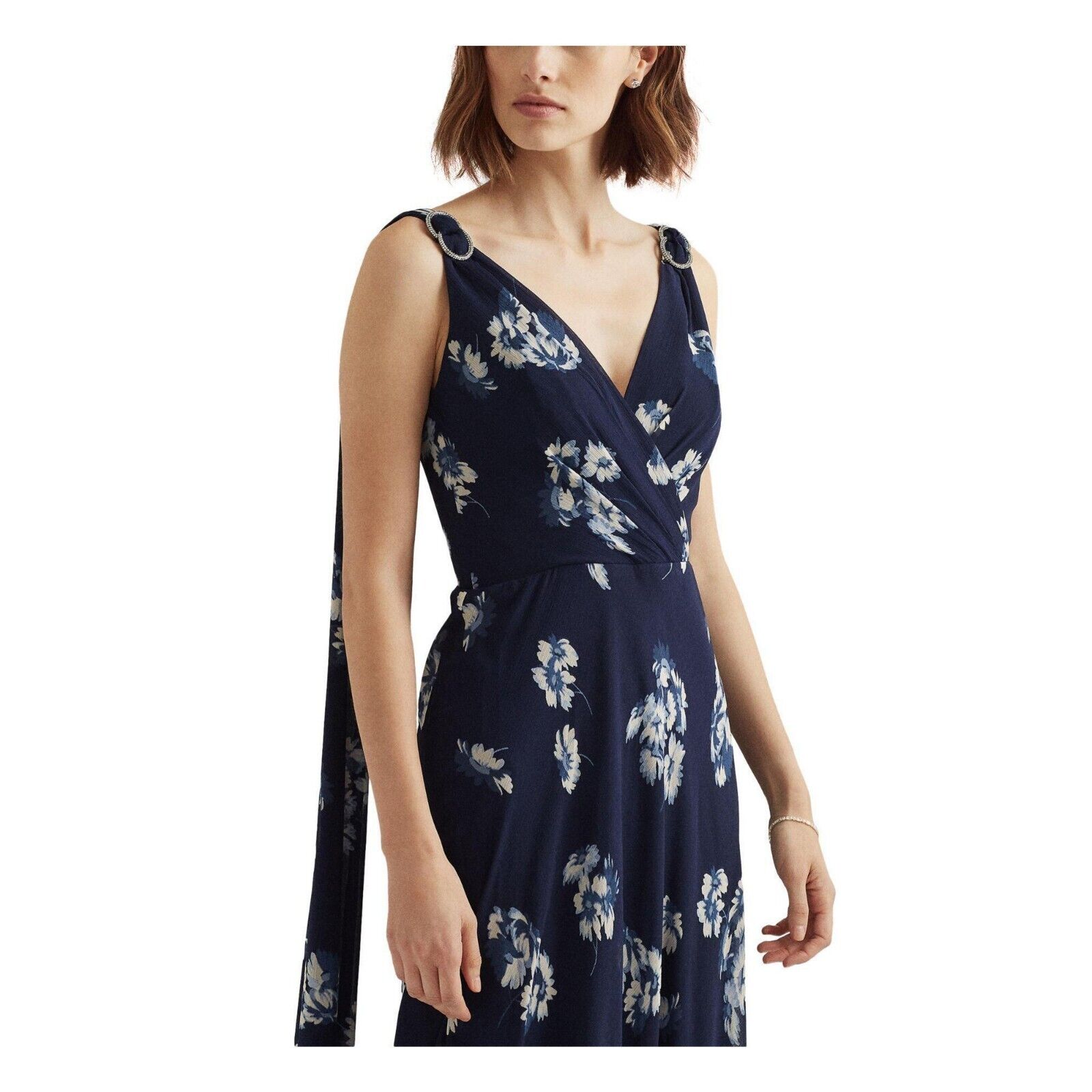 Lauren Ralph Lauren Floral Crinkled Georgette Gown Navy Blue Size 12 MSRP $260