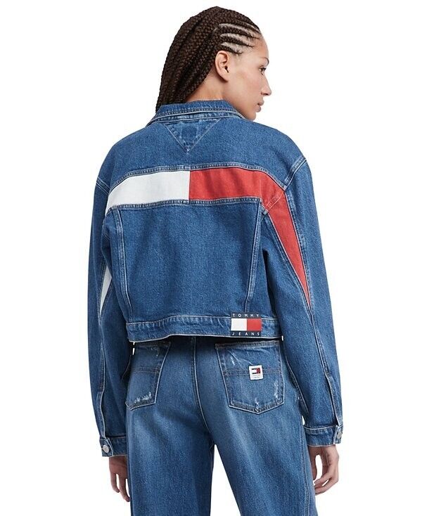 Tommy Jeans Women's Claire Cropped Denim Flag Jacket Blue Size L MSRP $149
