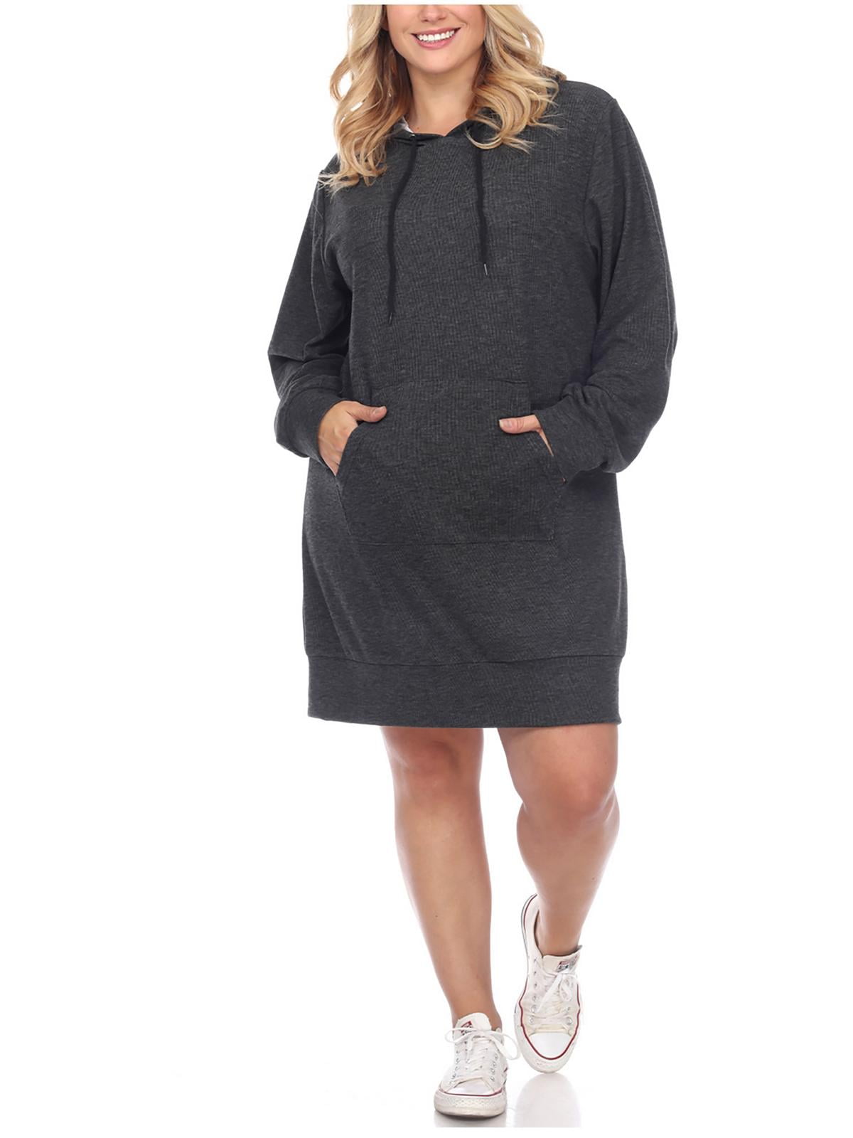 White Mark Hooded Pullover Kangaroo Fleeced Sweatshirt Dress Plus Size 1X Gray