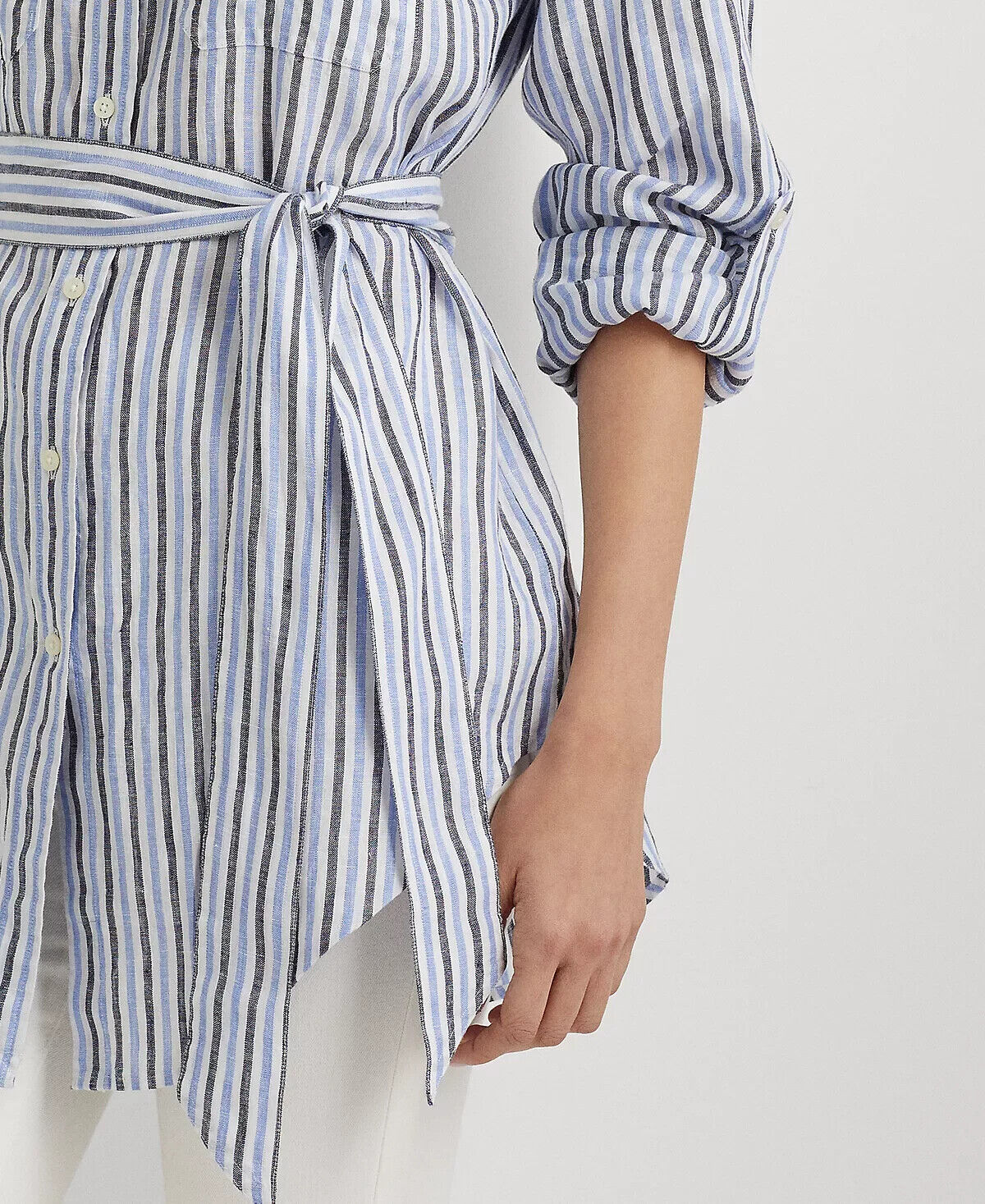 LAUREN Ralph Lauren Striped Belted Linen Shirt Blue White Size XL MSRP $135