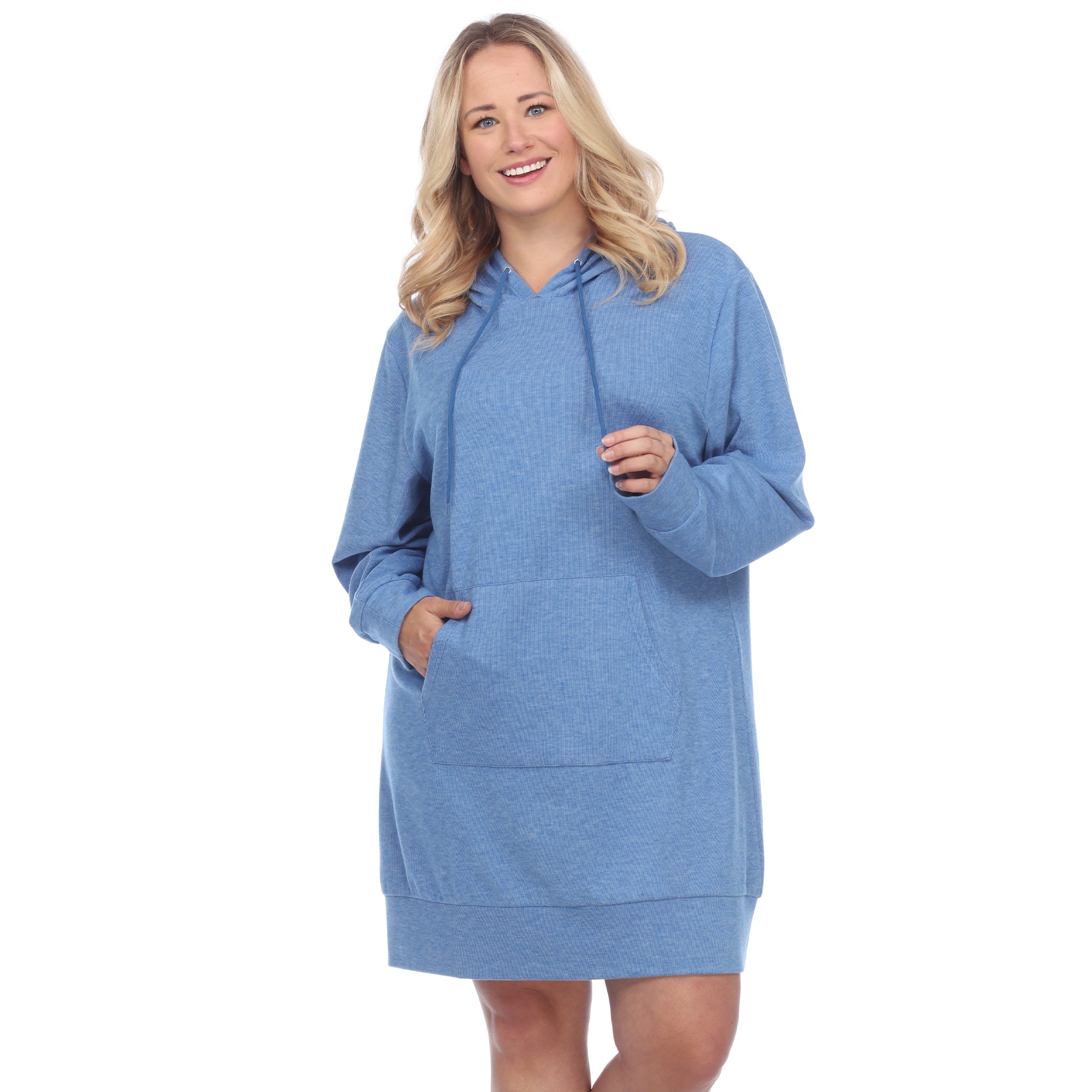White Mark Plus Size 1X Hooded Pullover Kangaroo Fleeced Sweatshirt Dress Blue