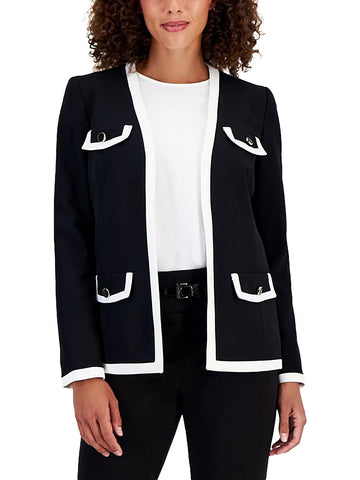 Kasper Womens Petites Contrast Trim Collarless Open Front Size PS Black