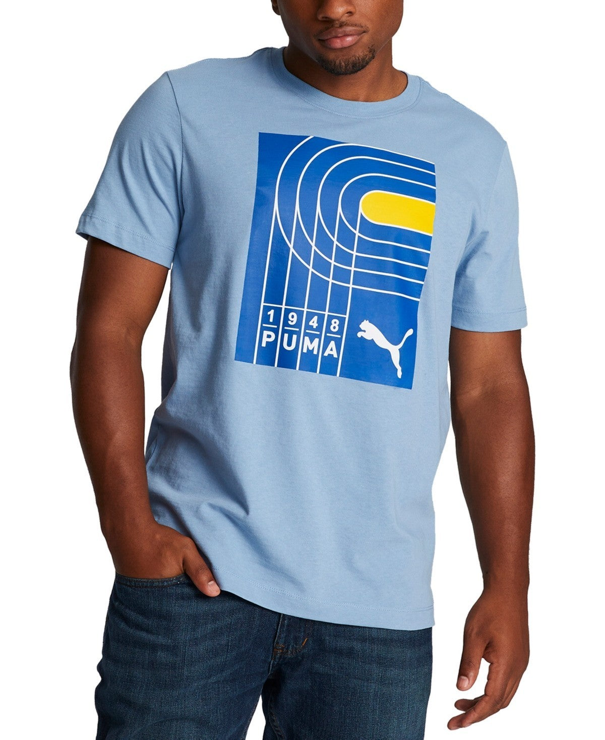 Puma Men's On Your Mark Short-Sleeve Graphic T-Shirt Sky Blue Size M MSRP $25