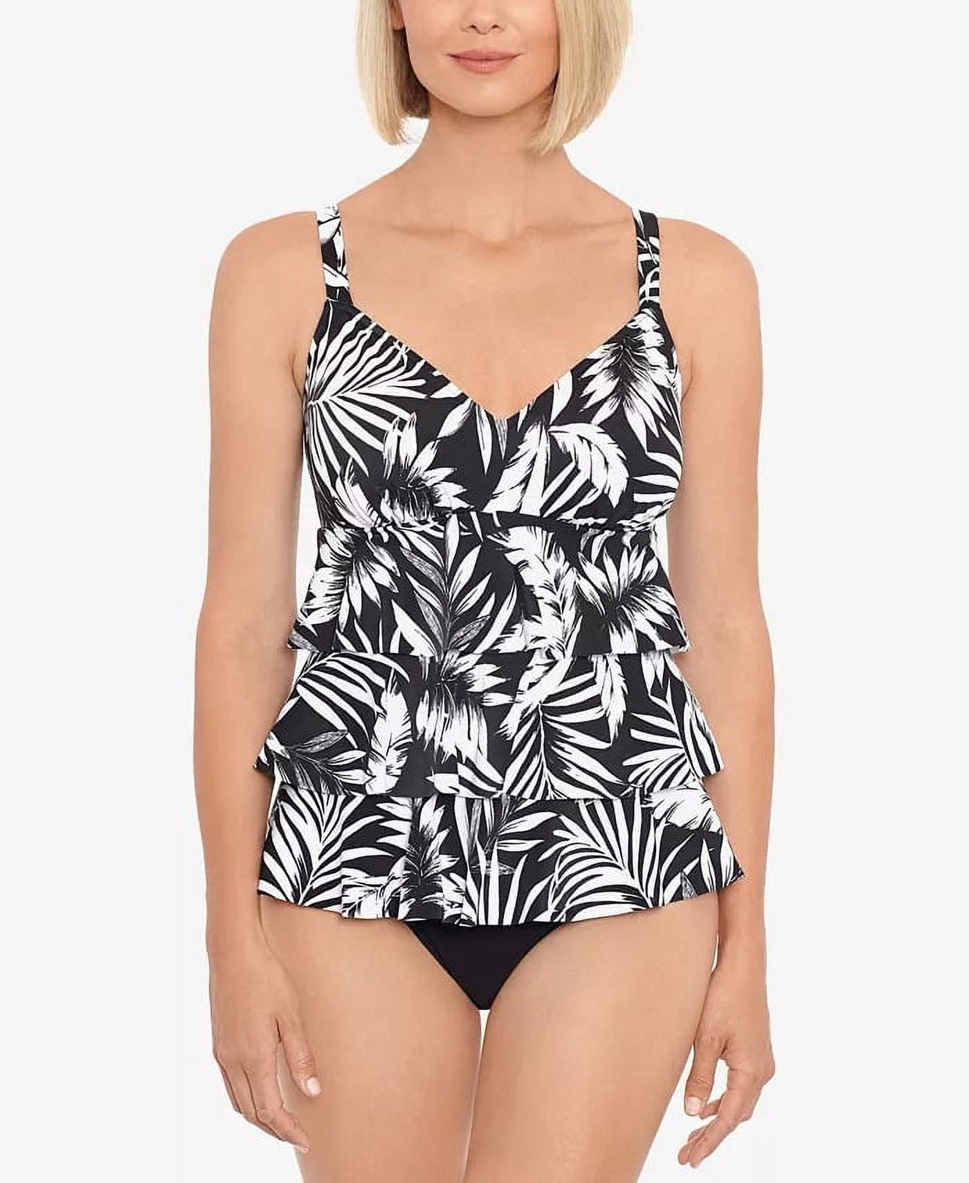 Swim Solutions FEATHER BLOOM BLACK/WHITE Triple-Tier One-Piece Swimsuit Size 10