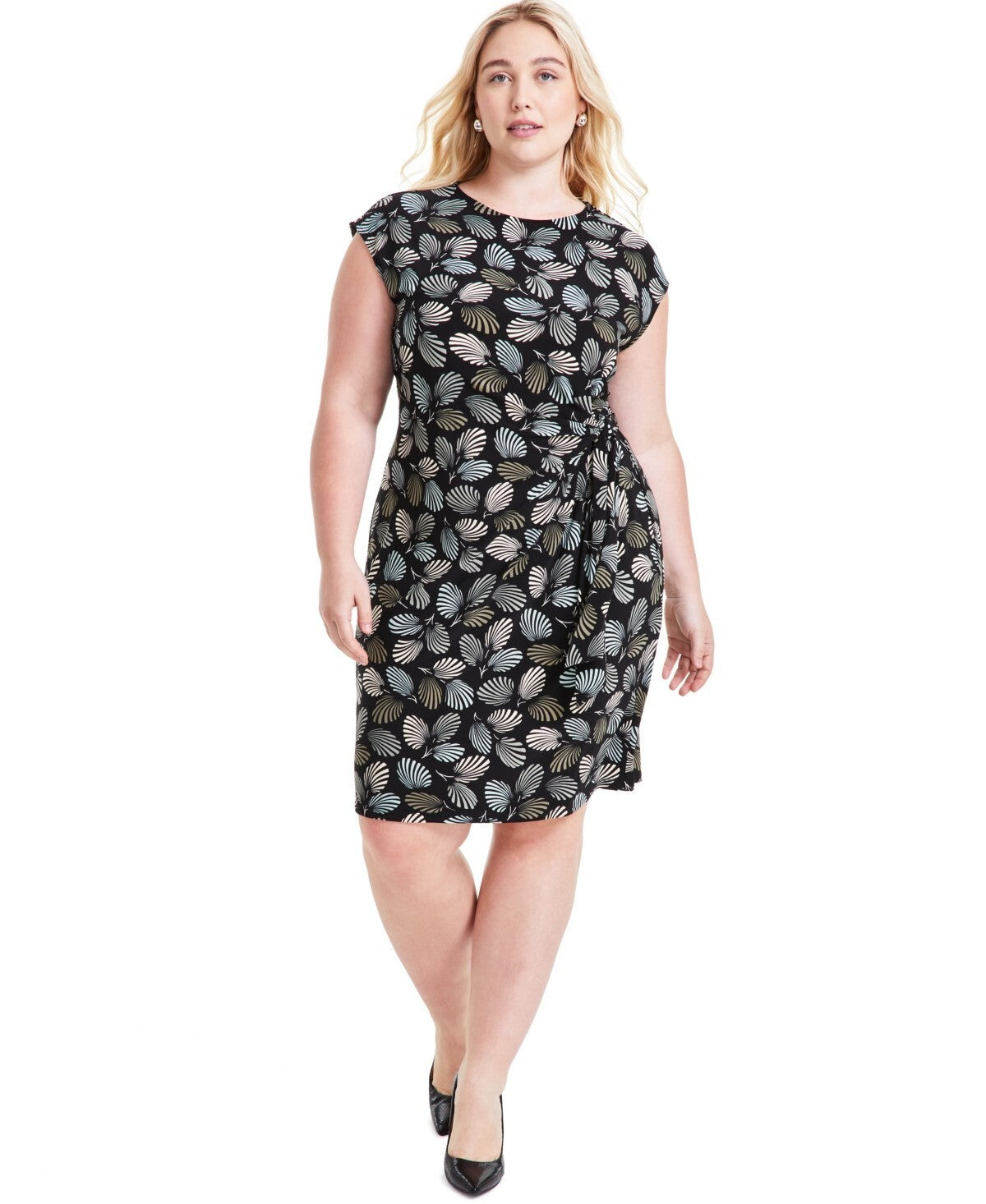 Kasper Plus Size Abstract-Print Cap-Sleeve Dress Black Size 2X MSRP $99