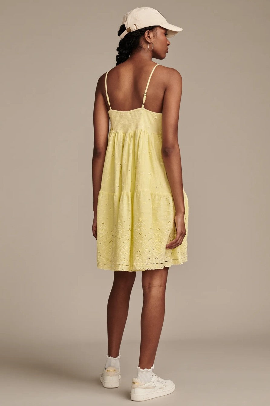 Lucky Brand pintuck bodice tiered mini dress Lemon Yellow Size L MSRP $119