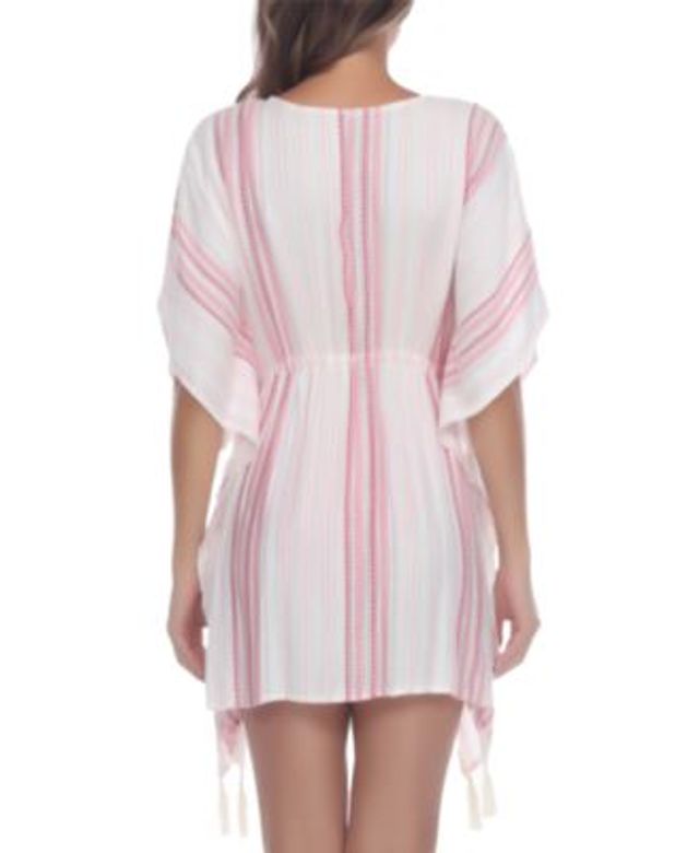 Raviya WHITE/PINK Striped Tassel Trim Cover-up Dress, US Size M