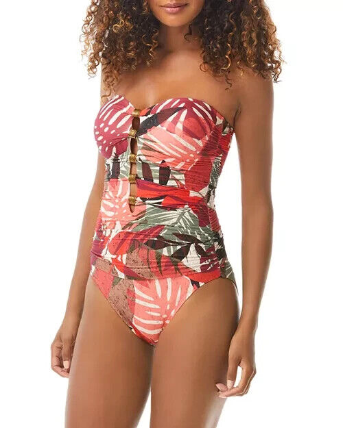 Carmen Marc Valvo Womens Printed Ruched Bandeau One-Piece Swimsuit Red Size 8