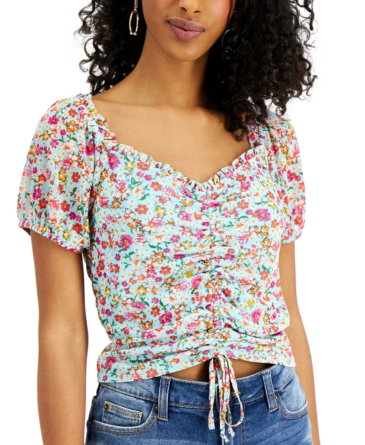 Crave Fame Juniors' Printed Ruched Mesh Top Womens blue Size XS MSRP $29