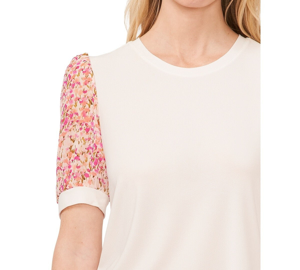 CeCe Women's Floral Mixed Media Crewneck Knit Top Pink Ivory Size S MSRP $59