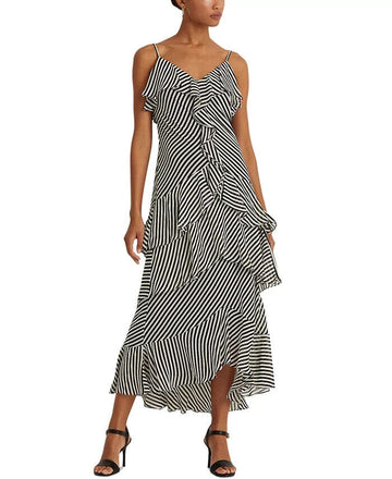 Lauren Ralph Lauren Striped Georgette Cocktail Dre Black Cream Size 4 MSRP $245