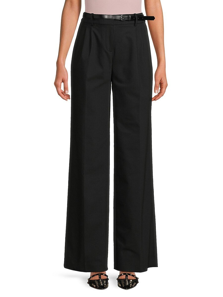 Calvin Klein Womens Pinstripe Belted Wide Trouser Pants Black Size 14 MSRP $109