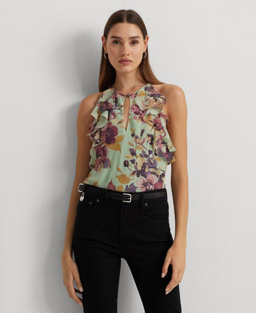 Lauren Ralph Lauren Women's Ruffled Halter Blouse Green Size 16 MSRP $115
