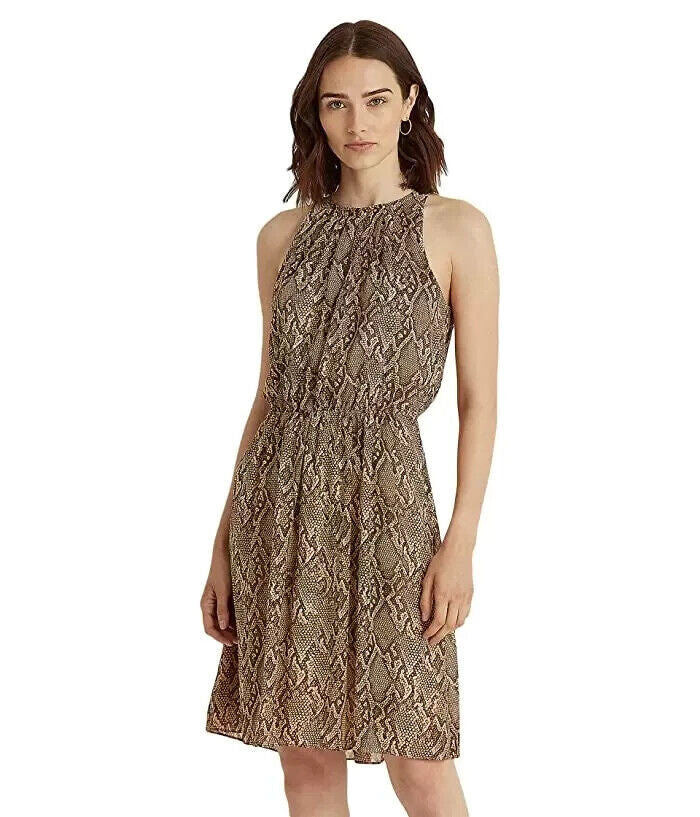 LAUREN RALPH LAUREN Python-Print Georgette Dress Brown Size 8 MSRP $135