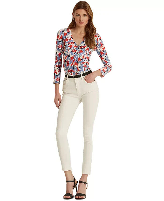 LAUREN Ralph Lauren Floral Surplice Jersey Top Blue Red Size XS MSRP $80