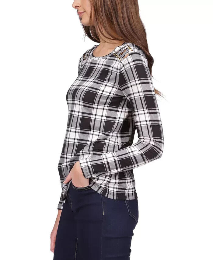 MICHAEL MICHAEL KORS Plaid Lace-Up Top Black Ivory Size XL MSRP $78