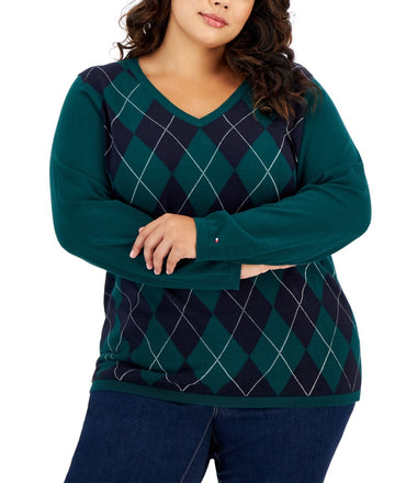 Tommy Hilfiger Plus Size 0X Argyle Ivy Cotton Sweater GREEN $79.50