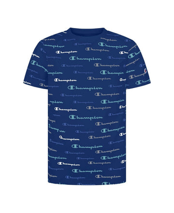 Champion Big Boys Script All Over Print Boxy T-shirt Blue Size XL