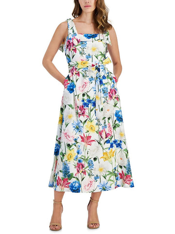 Anne Klein Womens Floral Print Cuffing Shift Dress White Size 12