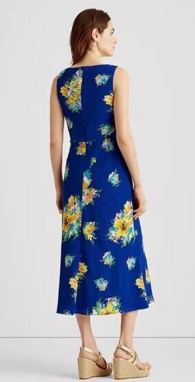 Lauren Ralph Lauren Womens Petite Floral Crepe MIDI Dress blue Size 10P