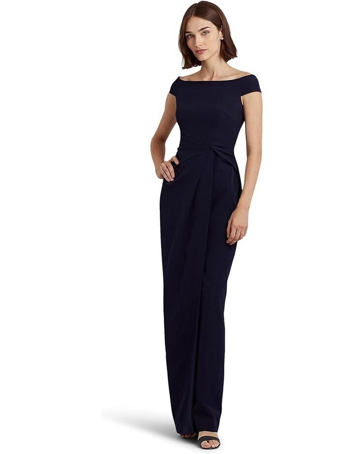 LAUREN Ralph Lauren Crepe Off-the-Shoulder Gown Navy Blue Size 8 MSRP $210