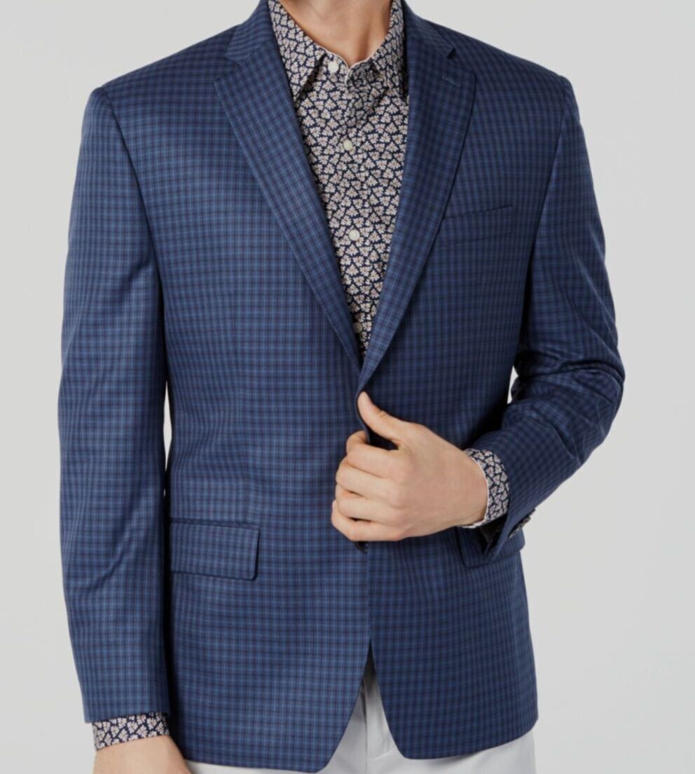 Michael Kors Mens ClassicFit Navy Plaid Check Sport Coat Size 44 Reg MSRP $295