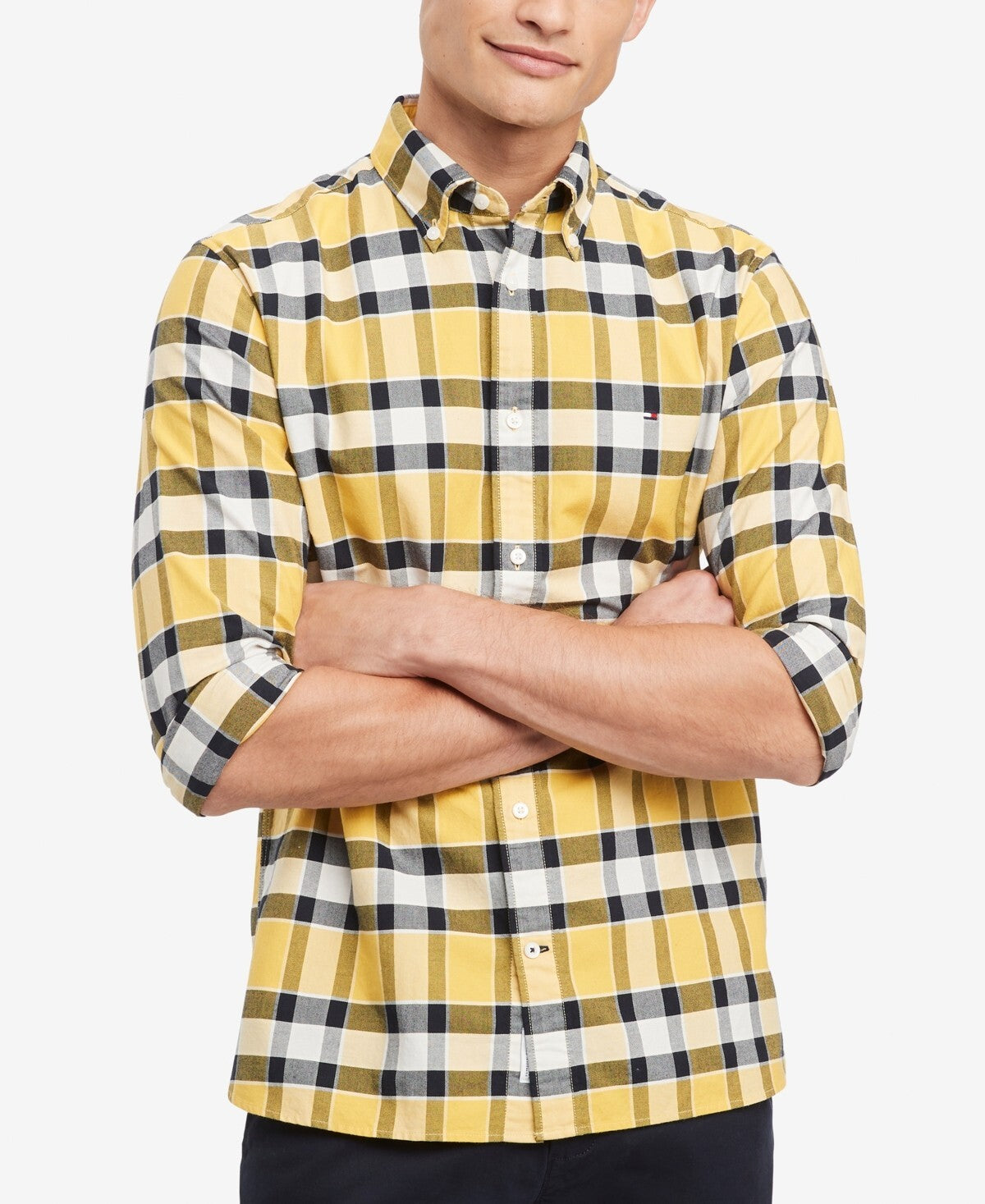 Tommy Hilfiger Men's Bold Check Button-Down Oxford Shirt Yellow Size S MSRP $100