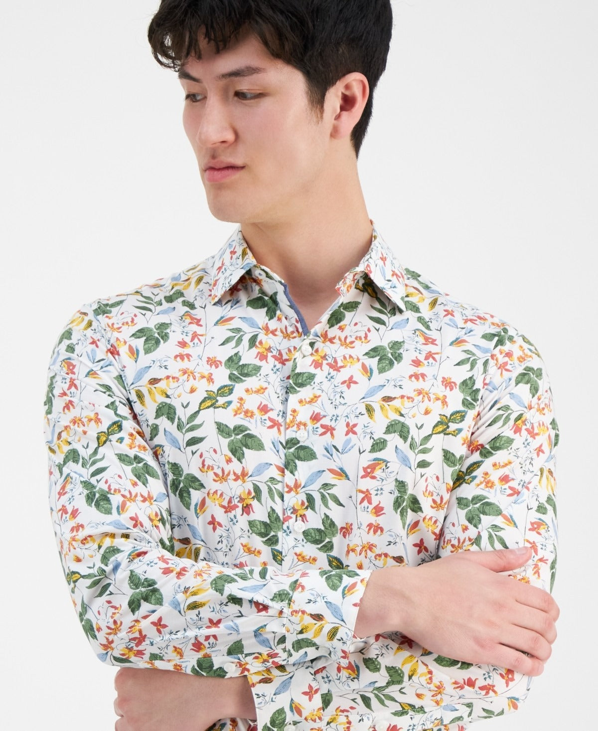 Bar Iii Mens Slim fit Dress Shirt Medium 15-15.5 White Green Floral MSRP $70