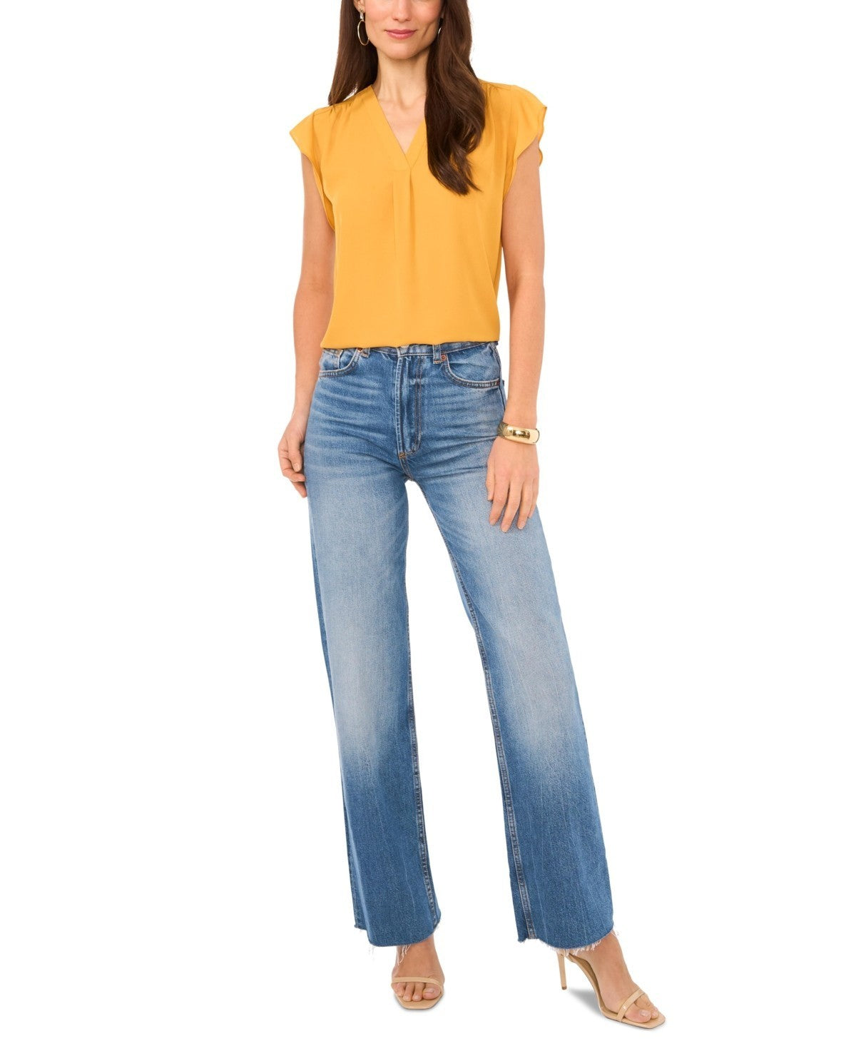 Vince Camuto Women's V-Neck Flutter Short Sleeve Top Yellow Size XL