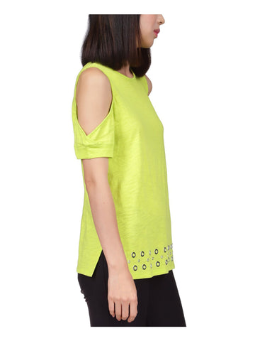 MICHAEL KORS Womens Green Embellished Hem Short Sleeve Crew Neck Top Size M