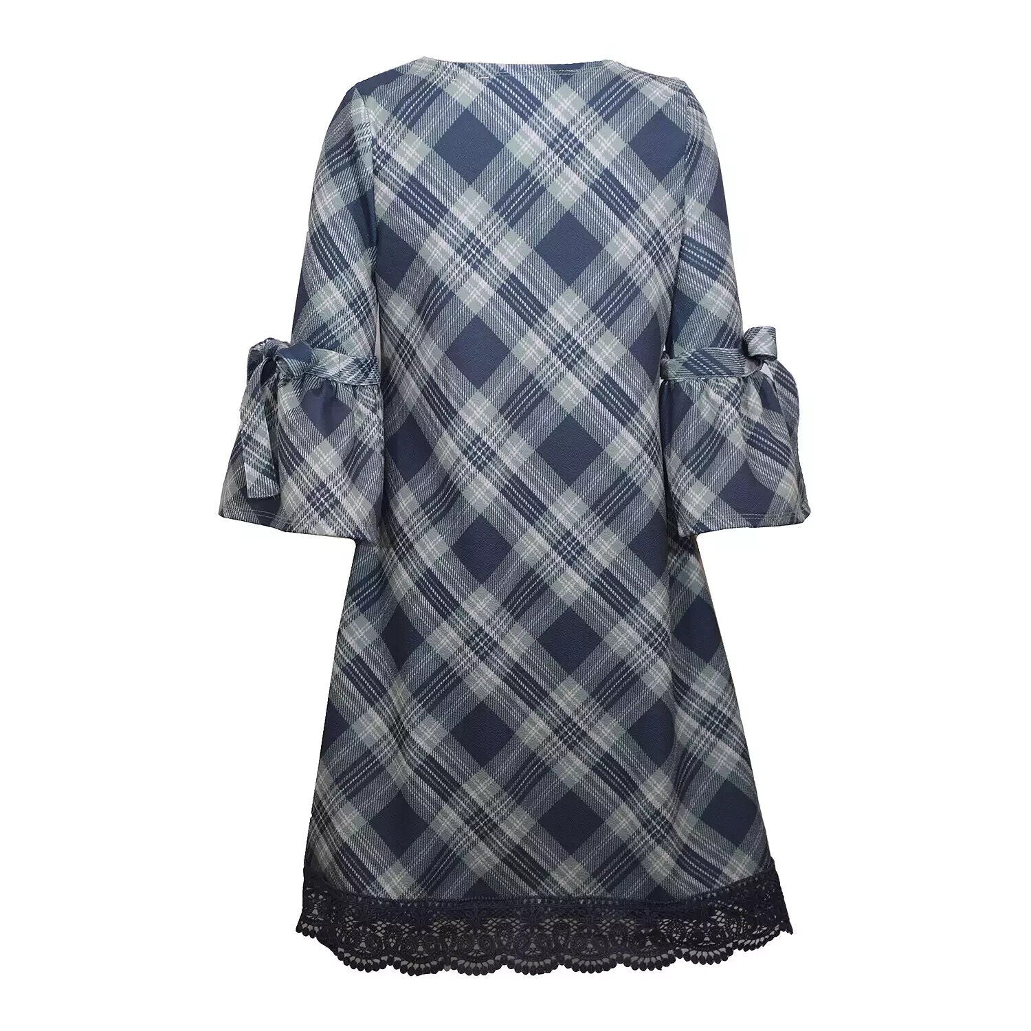 Bonnie Jean Bell Sleeve Plaid Blue Dress with Necklace Girls Size 16 MSRP $60