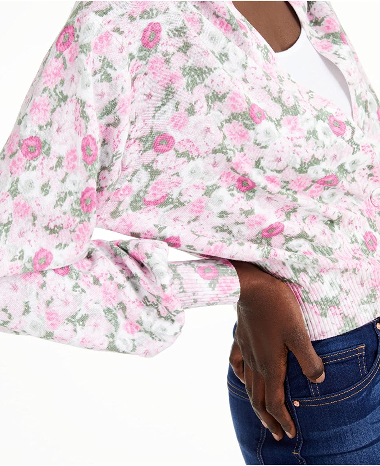 INC Womens Floral Print Ribbed Knit Cardigan Sweater Pink Size M