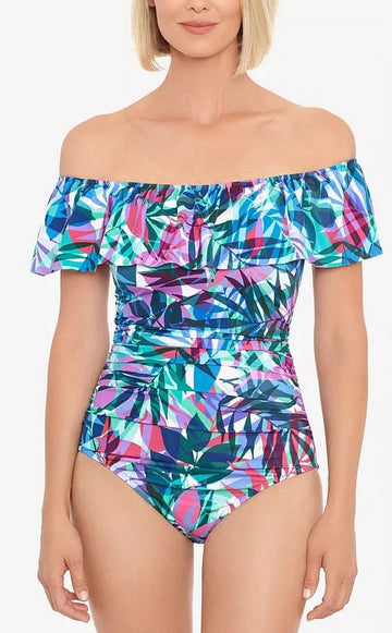 Swim Solutions Off The Shoulder Tummy Control One Piece Swimsuit Blue Size 16
