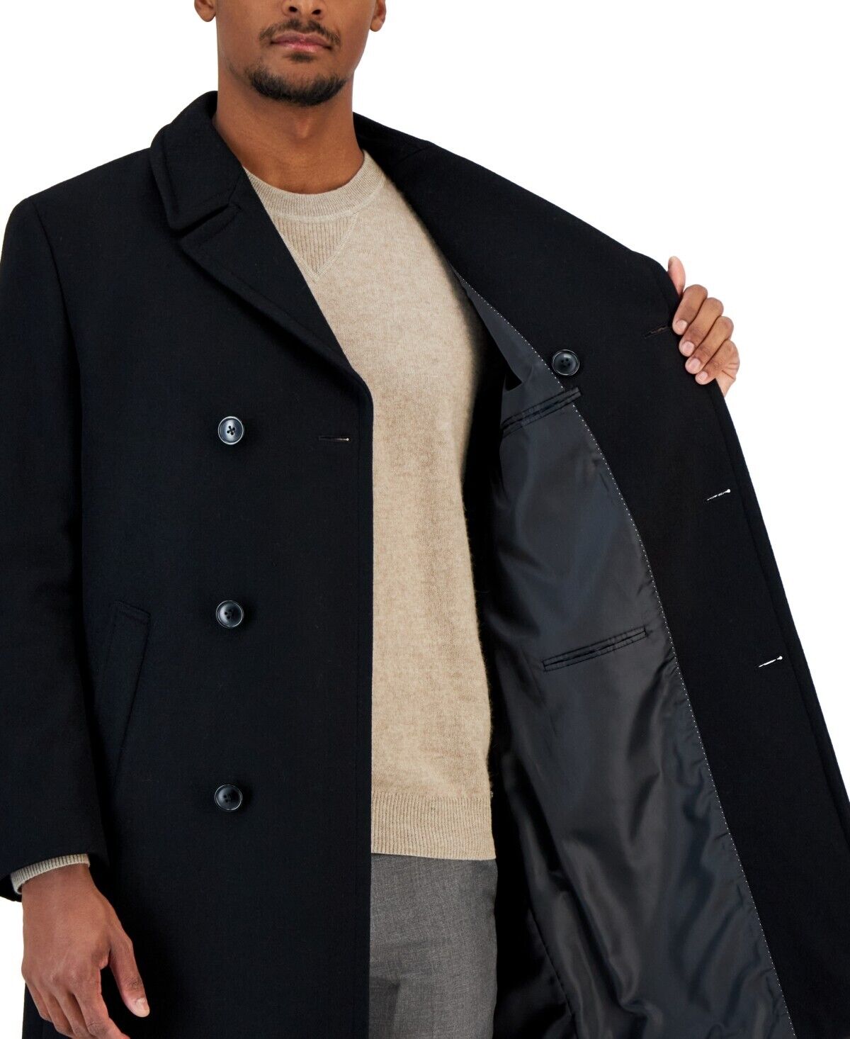Nautica Men's Classic-Fit Double Breasted Wool Overcoat Black Size 48L MSRP $395