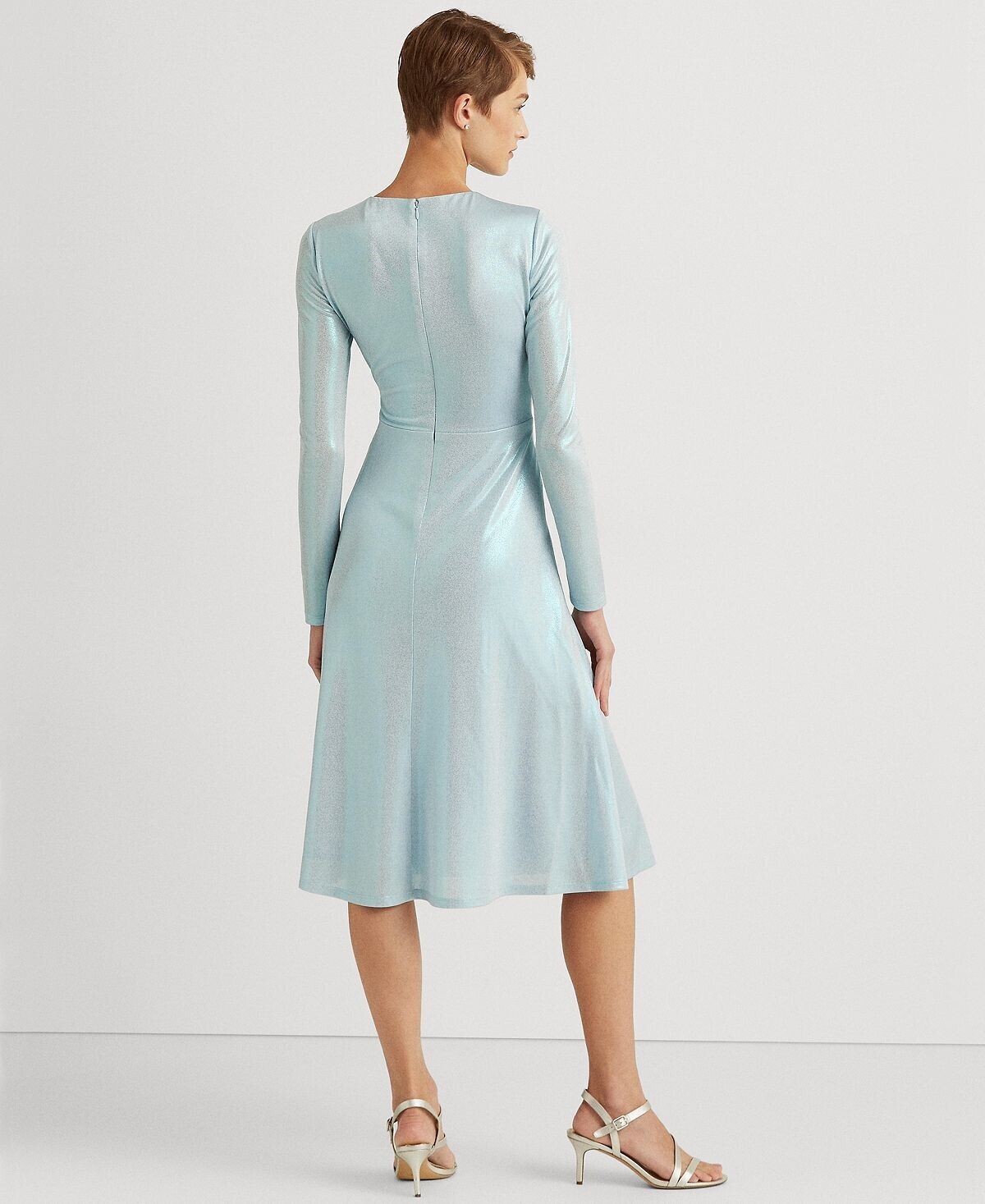 LAUREN RALPH LAUREN Long-Sleeve Foiled Jersey Dress Blue Size 14 MSRP $245