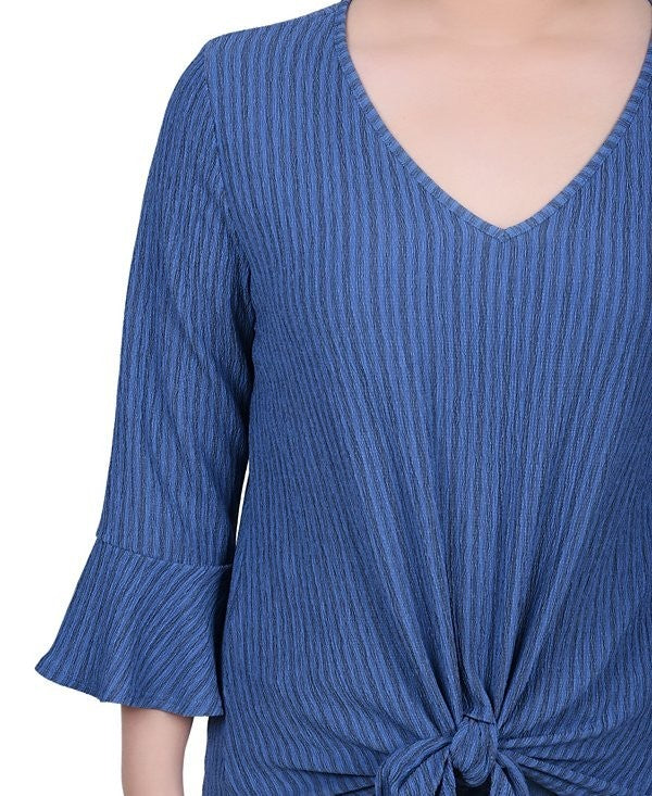 NY Collection Petite Large PL 3/4 Bell Sleeve Textured Knit Top BLUE $43