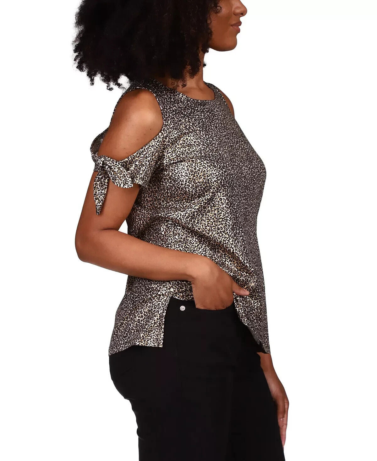 Michael Kors Foil Cold-Shoulder T-Shirt Gold Black Size M MSRP $58