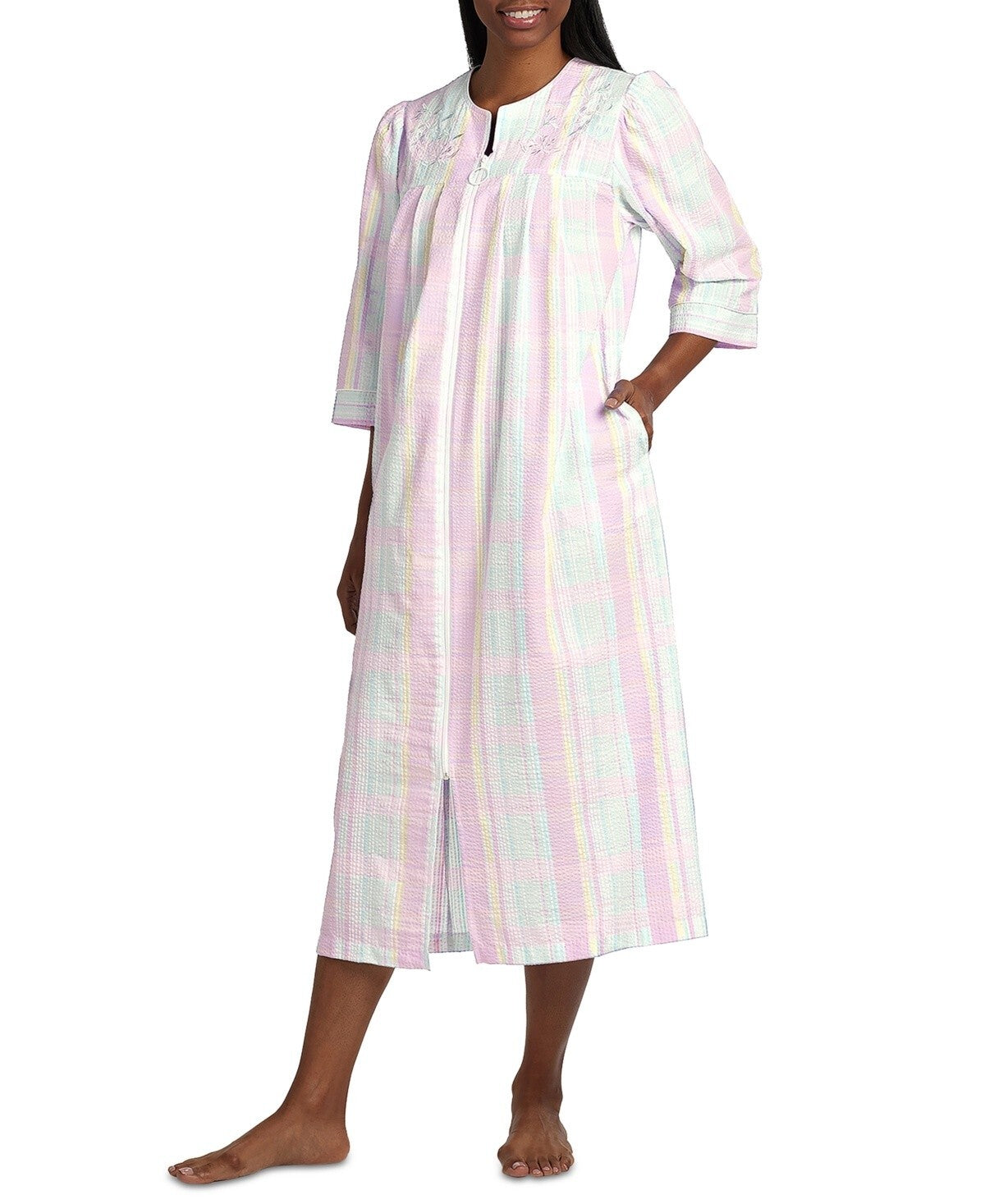 Miss Elaine Women's 3/4-Sleeve Plaid Zip-Front Robe Pink Size XL MSRP $79